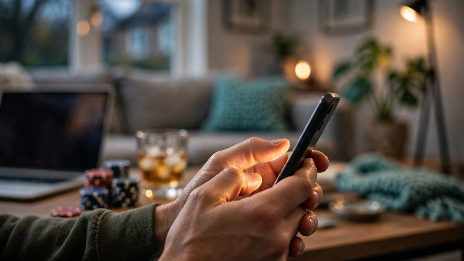 Hands holding a smartphone with blurred casino items on a table