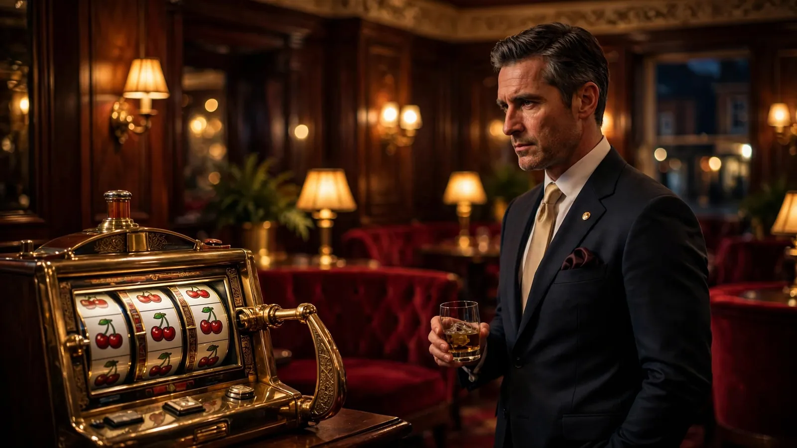 Cinematic casino interior with a glowing classic slot machine in a luxurious UK setting