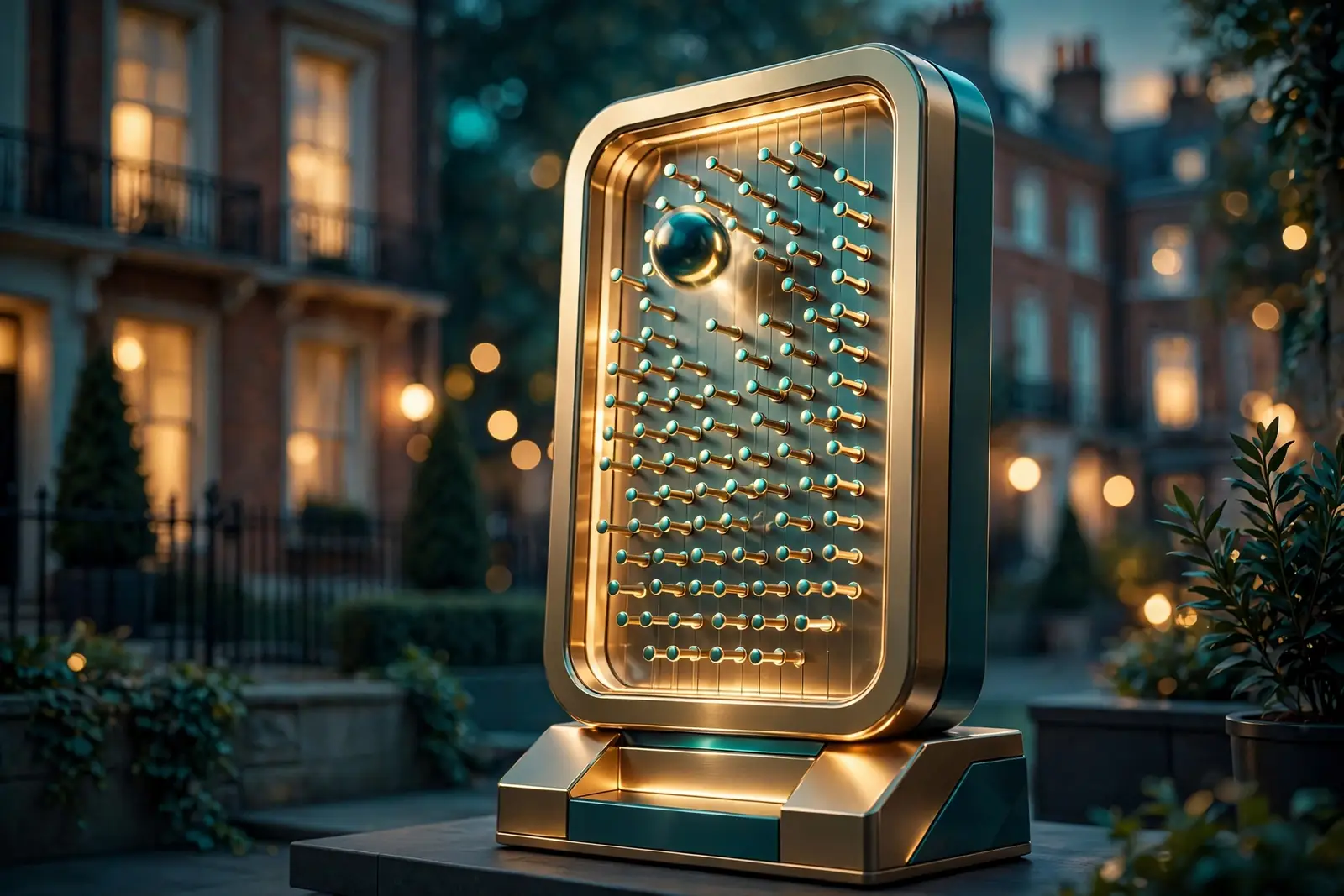 Glowing Plinko board with a ball dropping, dark teal and gold background