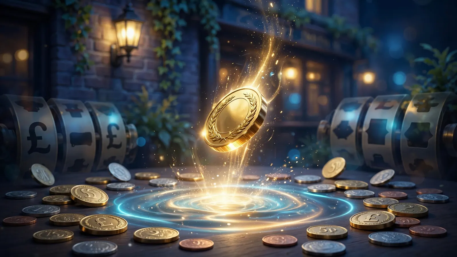 Glowing gold jackpot coins cascading into a luminous pool with UK pound accents.