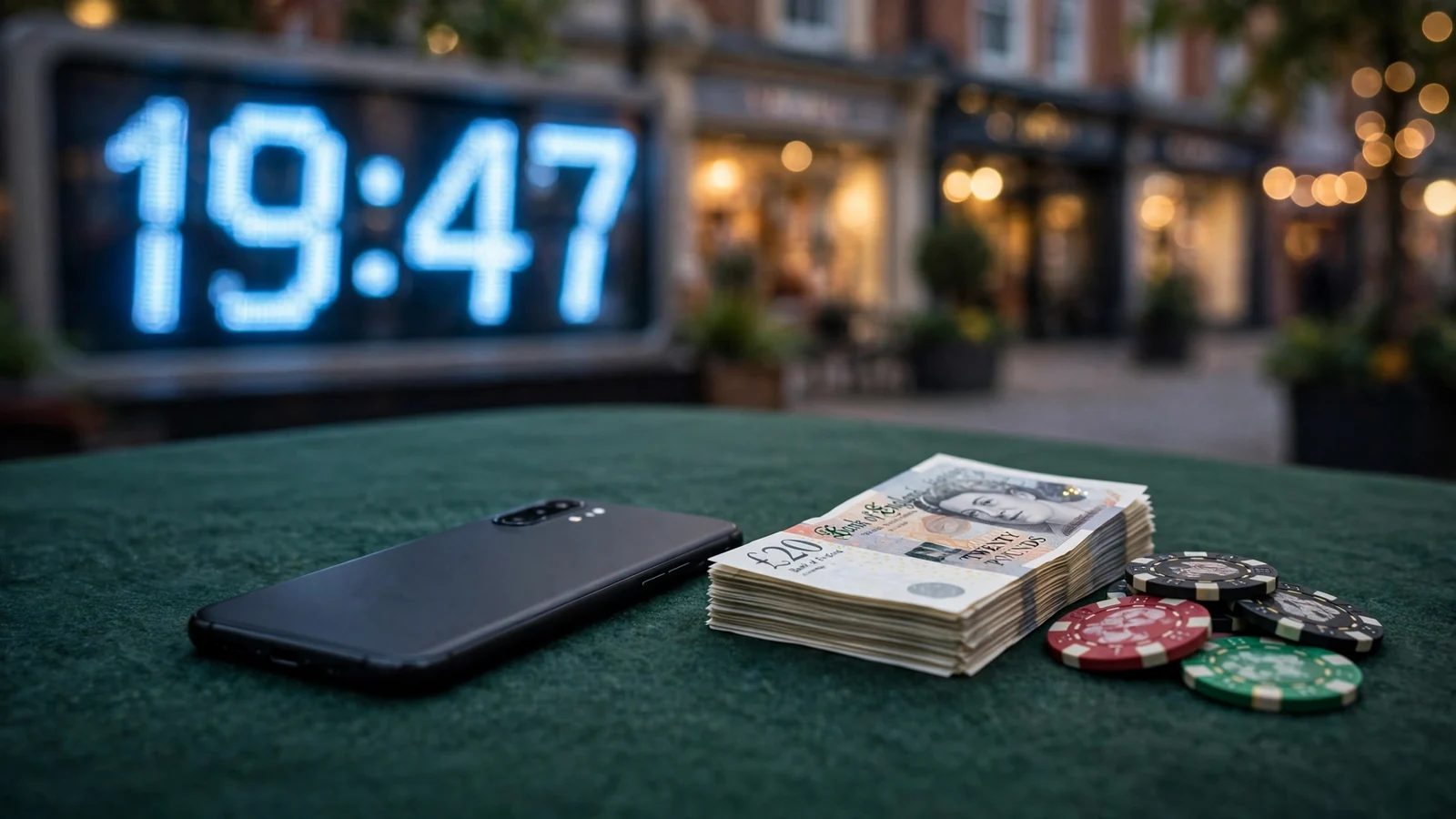Smartphone, pound banknotes, and casino chips on a felt surface suggesting fast withdrawal.