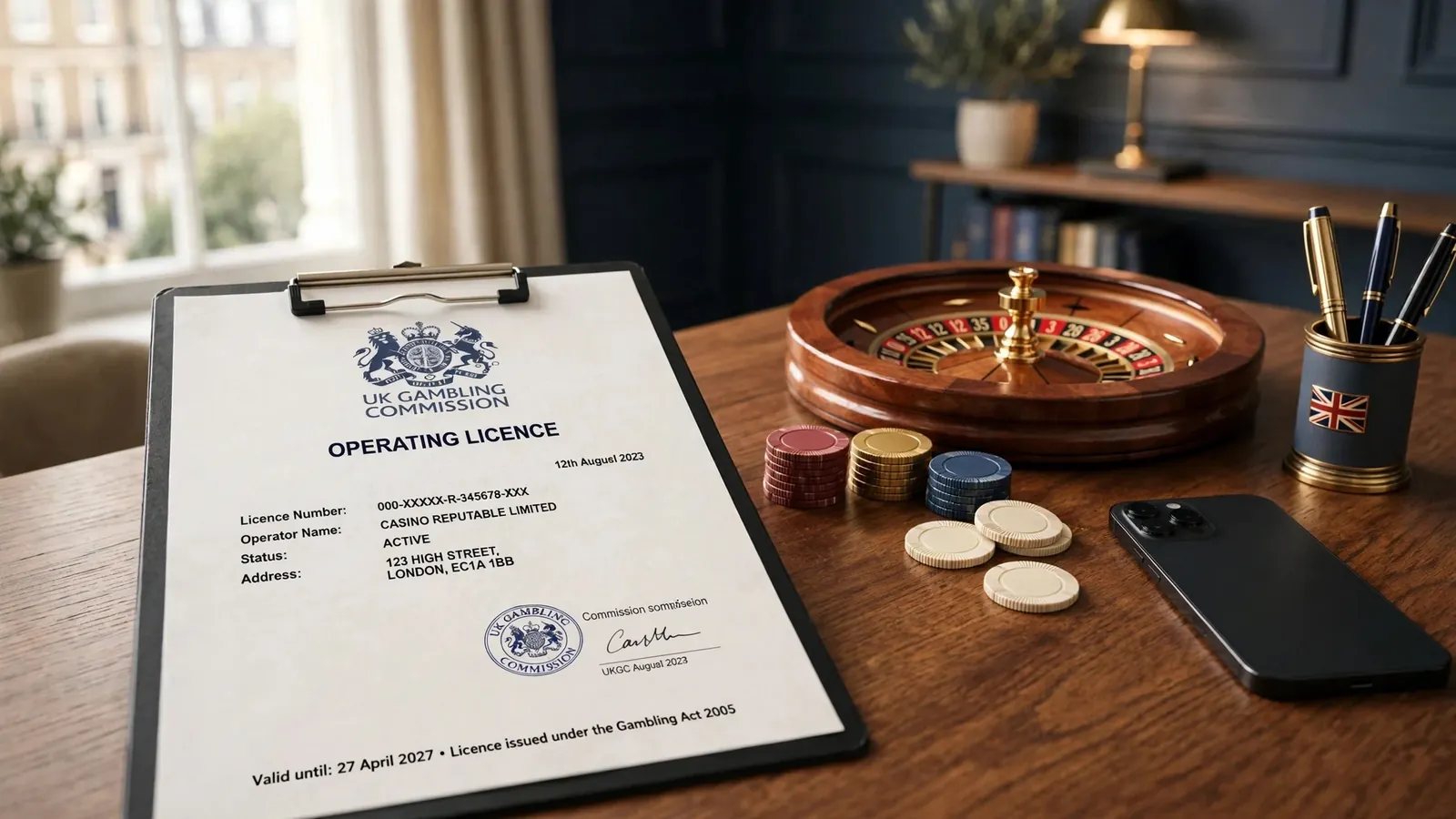 UK gambling licence on a desk with casino chips, roulette, and a face-down smartphone in a London office.