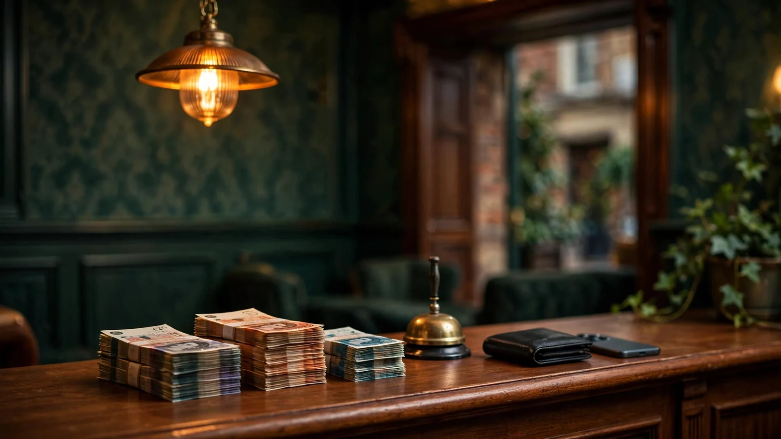 British casino cashier desk with pound notes and a face-down phone representing fast payouts.