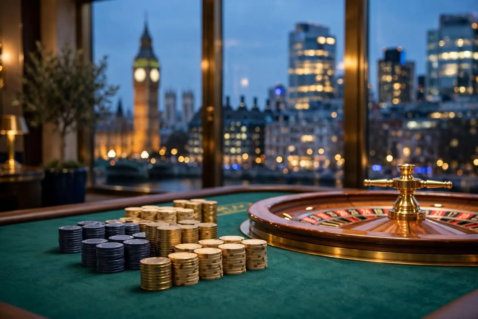 Roulette table with chips against the London skyline at dusk