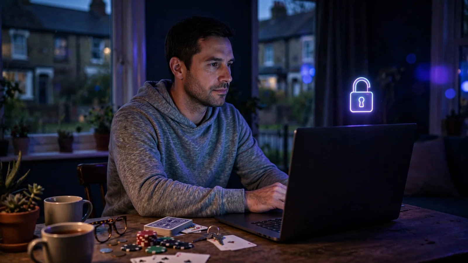 Person at home laptop with VPN icon and casino chips nearby